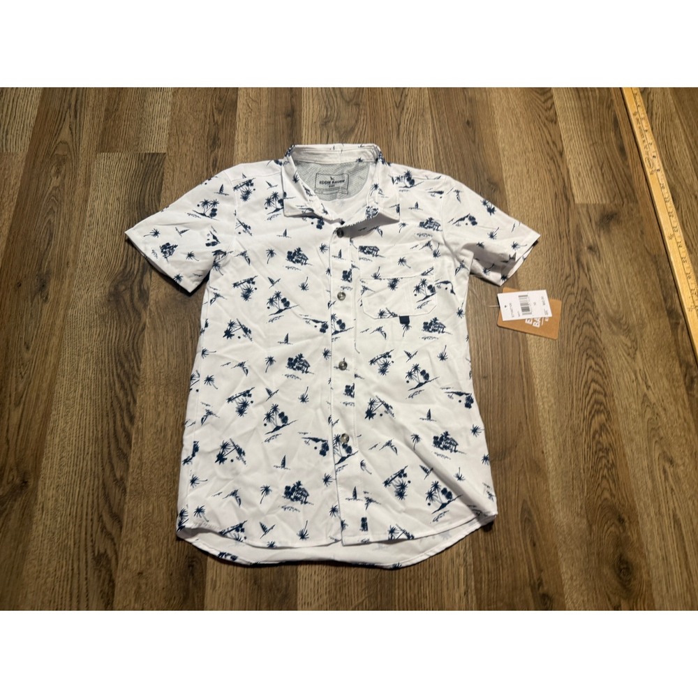 Eddie Bauer Shirt Kids Size 10 Navy White Button Up Short Sleeve Palm Tree Print